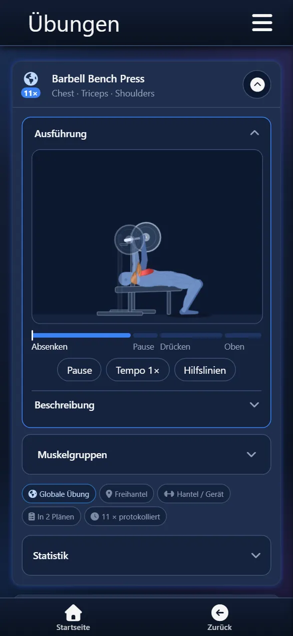 Erklärvideo Barbell Bench Press: Figur senkt und drückt die Stange, Chest und Triceps leuchten