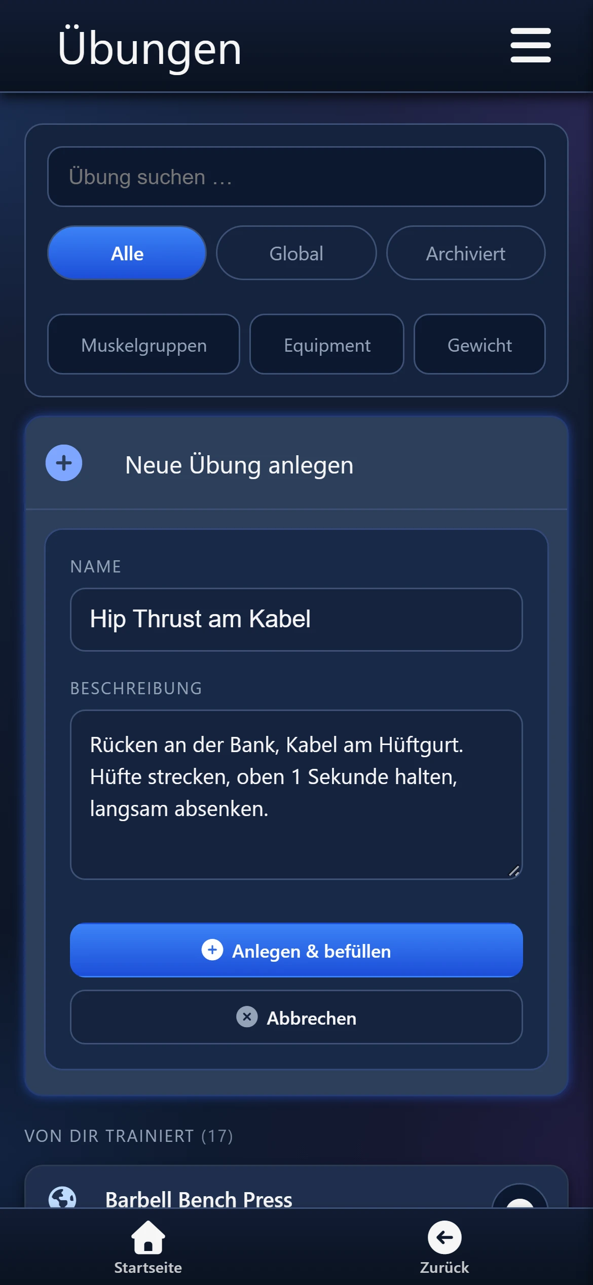 Neue Übung anlegen: Hip Thrust am Kabel, Name und Beschreibung