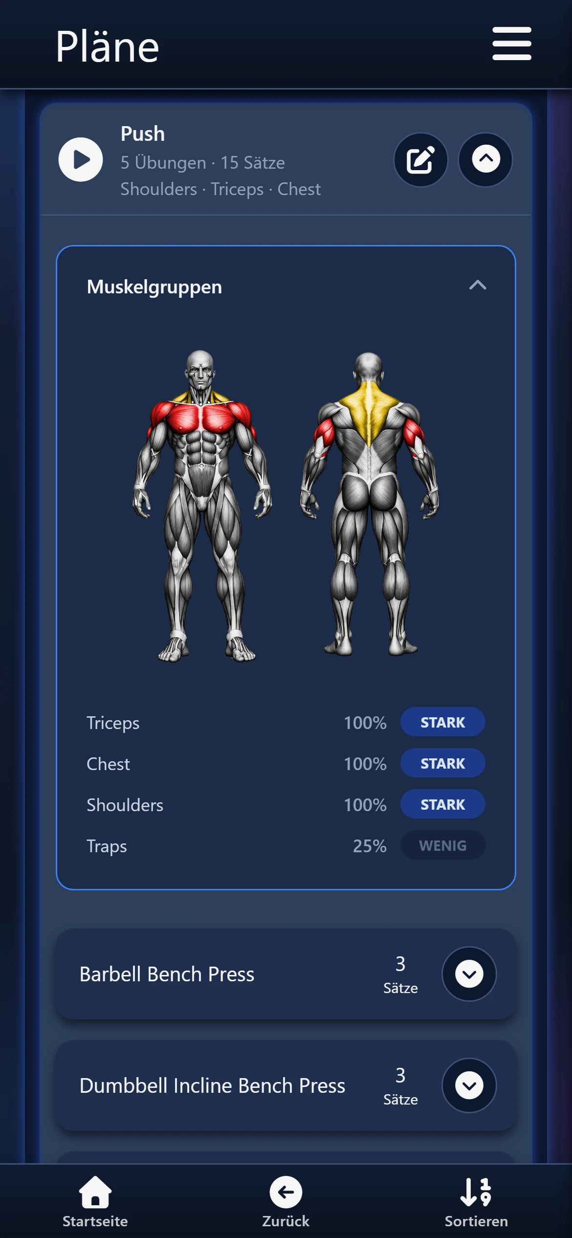Plan Push aufgeklappt: Körperbild mit Triceps, Chest, Shoulders, darunter die Übungen