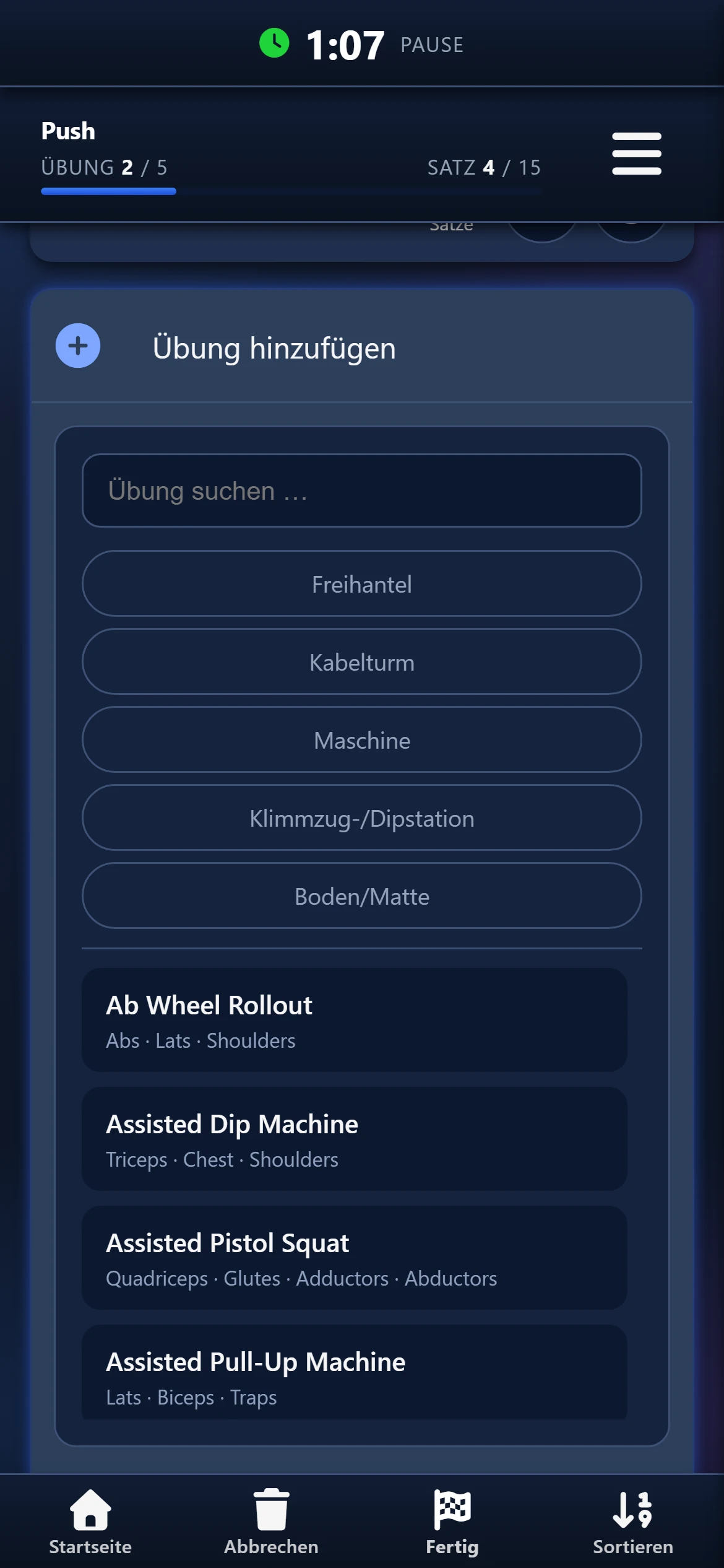 Laufende Session: Übung hinzufügen mit Suche und Equipment
