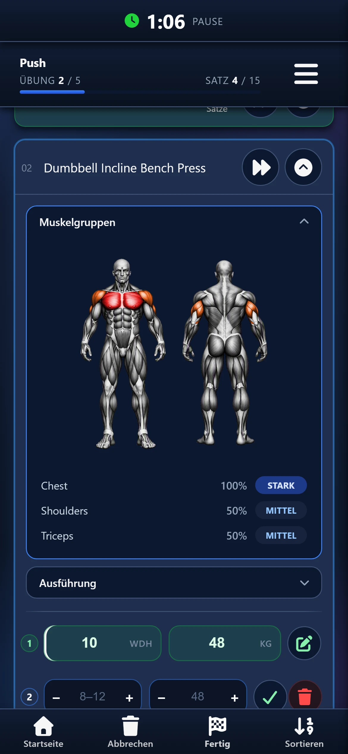 Laufende Session: Muskelgruppen der Übung Dumbbell Incline Bench Press