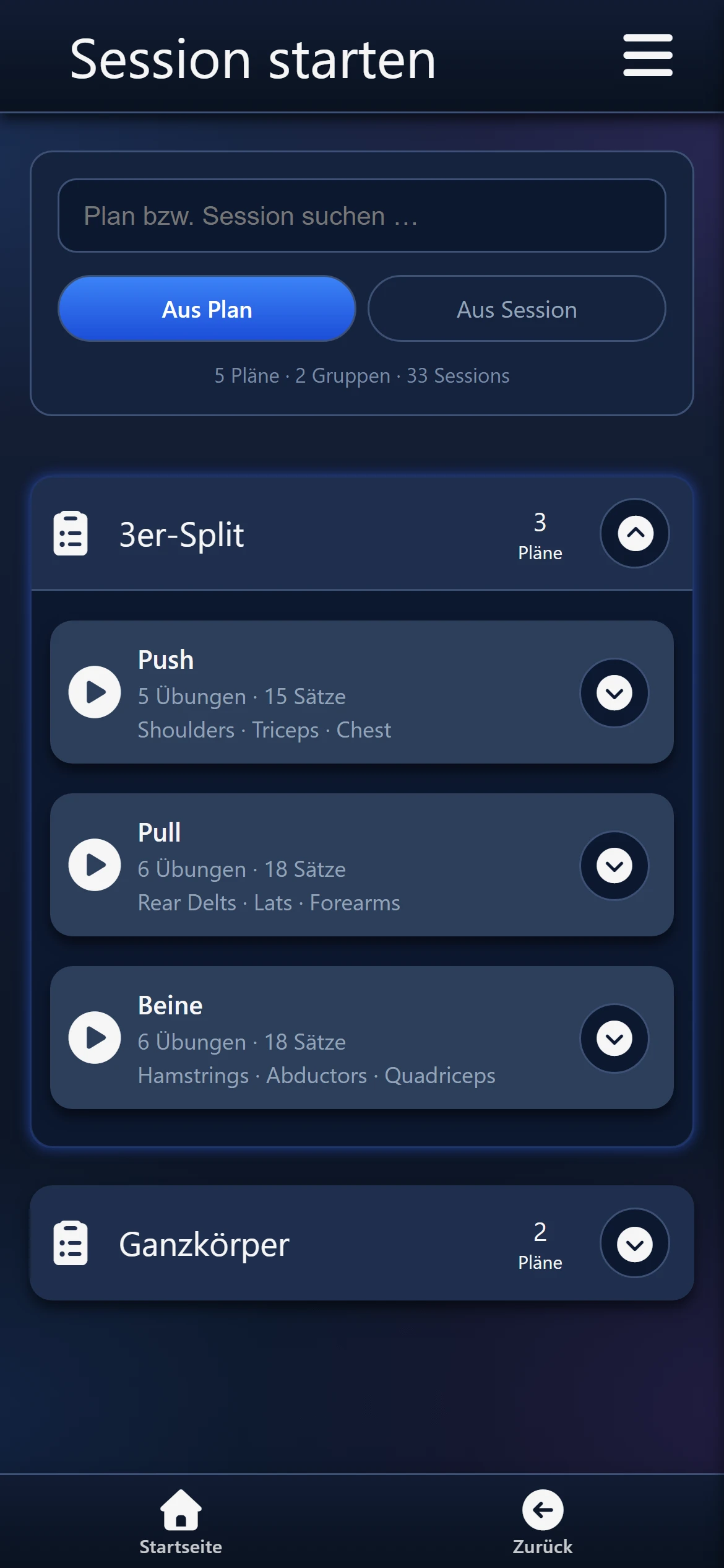Session starten aus dem Plan: 3er-Split mit Push, Pull, Beine