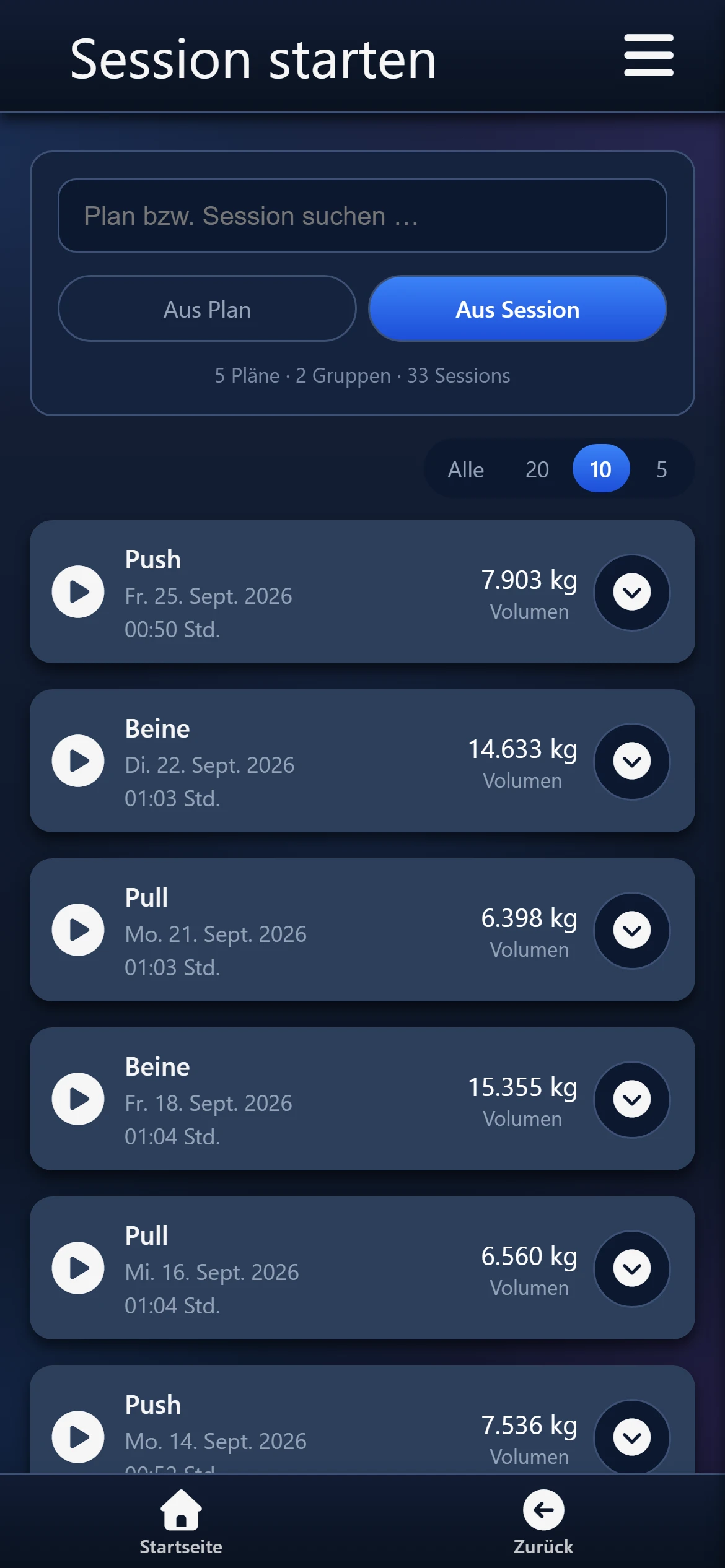 Session starten aus einer früheren Session: letzte Einheiten mit Datum und Volumen