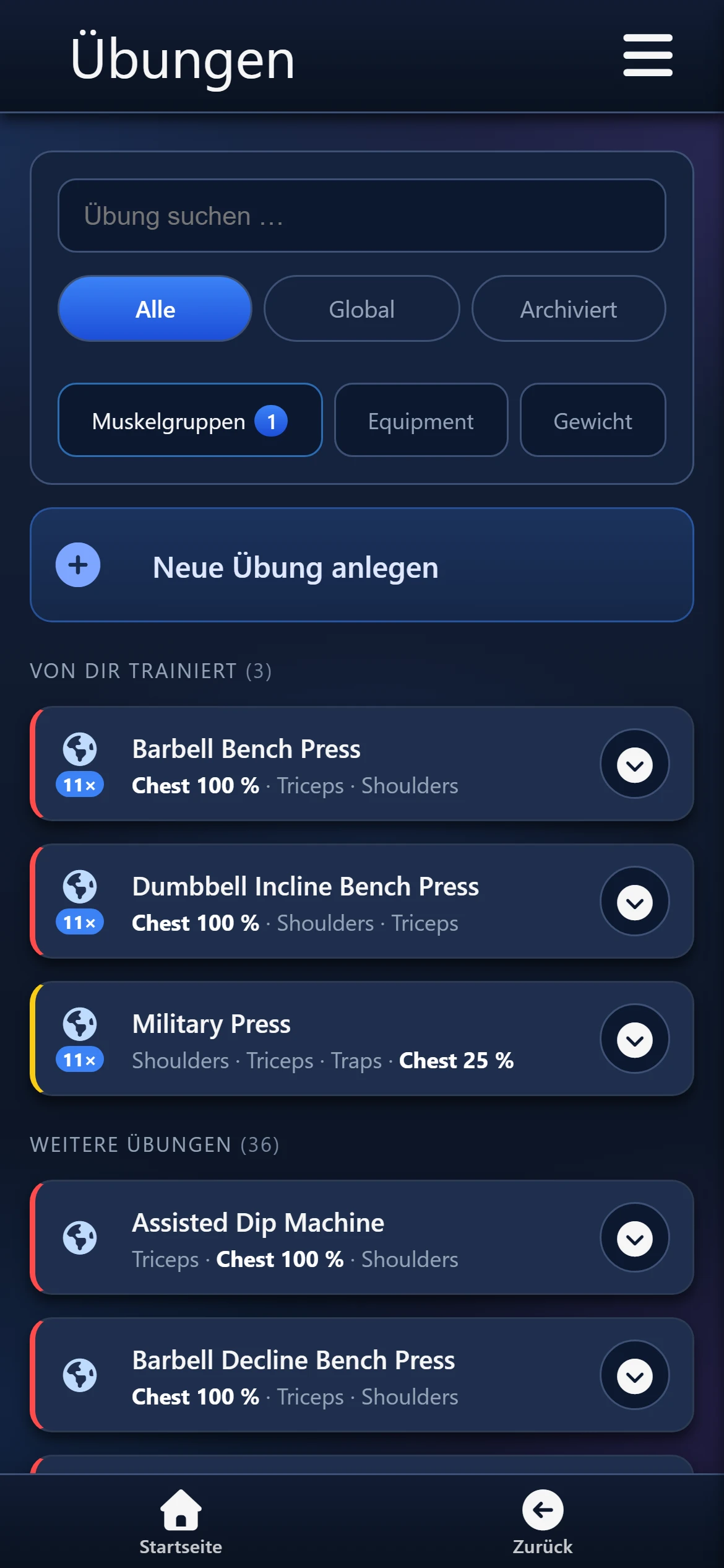 Übungsseite nach Chest gefiltert, Anteil in der Unterzeile markiert
