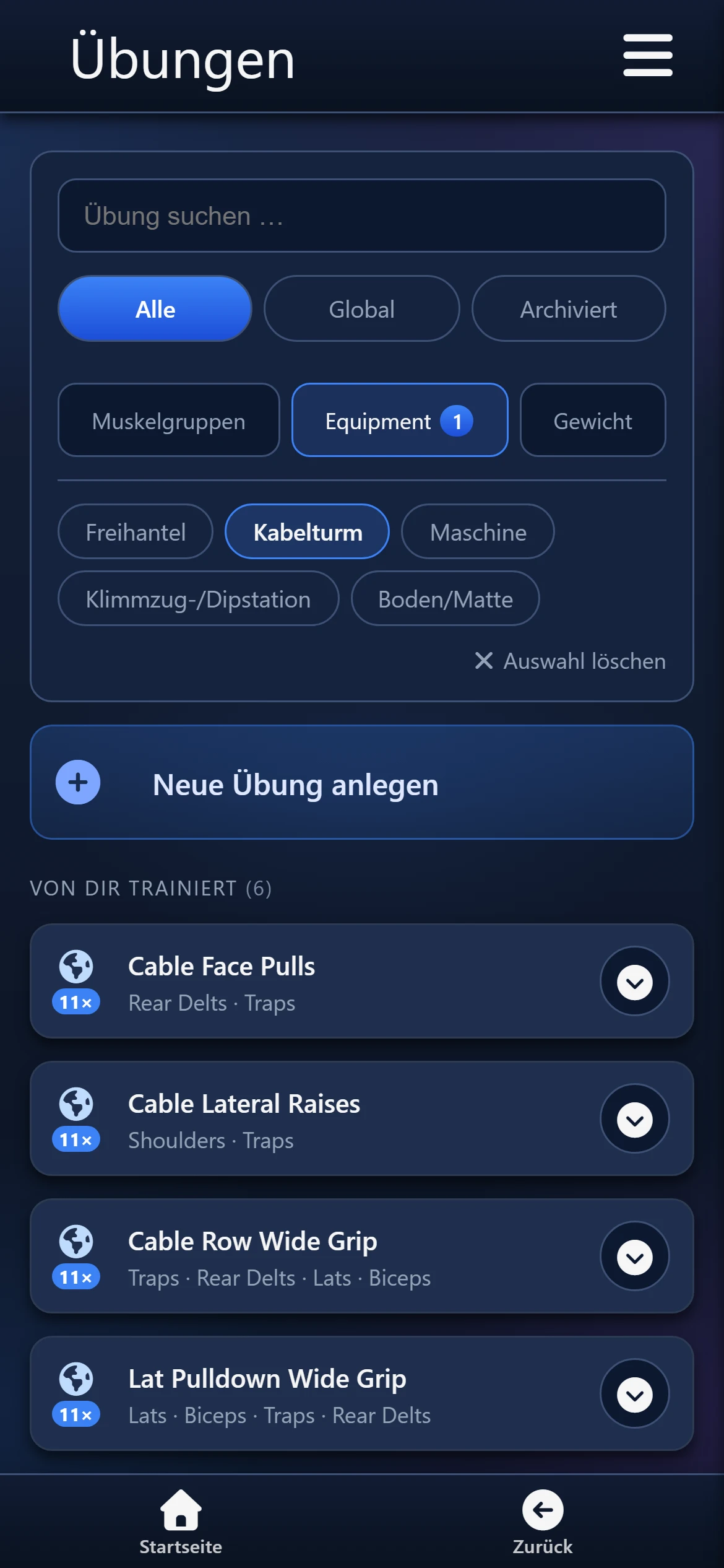 Equipment-Filter Kabelturm: passende Übungen