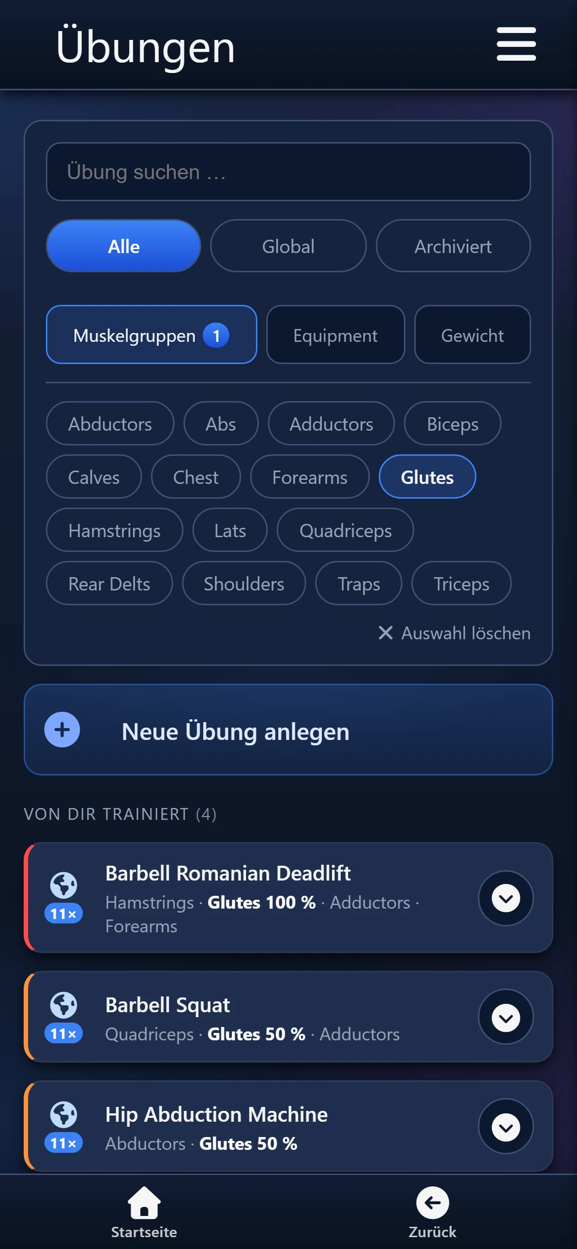 Muskelgruppen-Filter Glutes: nach Anteil sortiert, Glutes markiert