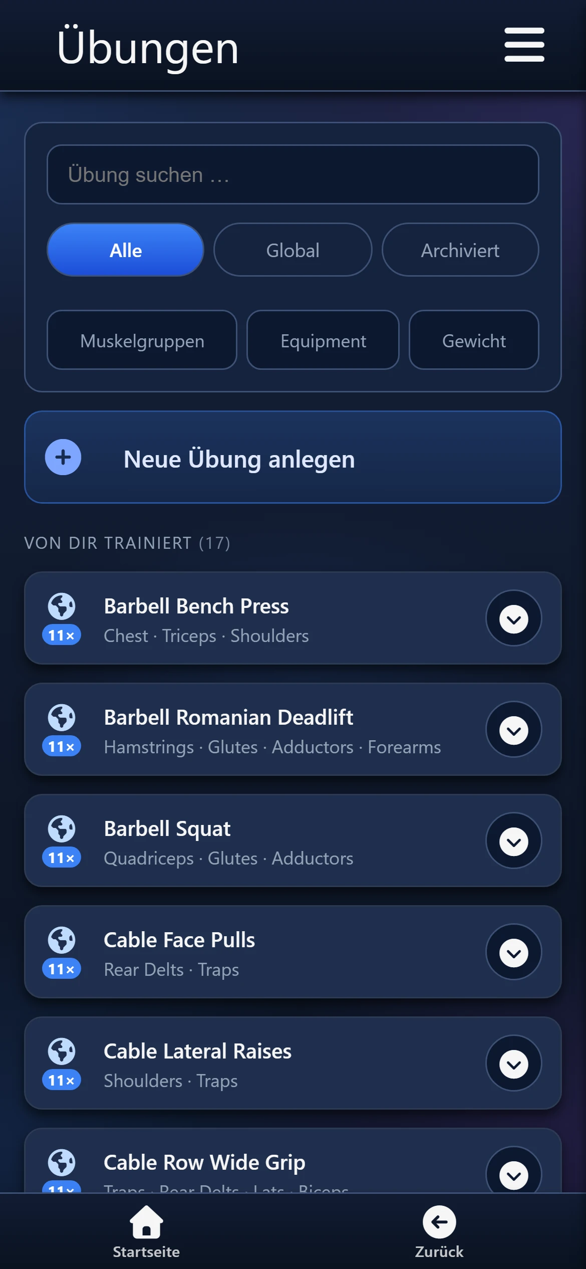 Übungsliste: Suche, Reiter, Filter, von dir trainierte Übungen oben
