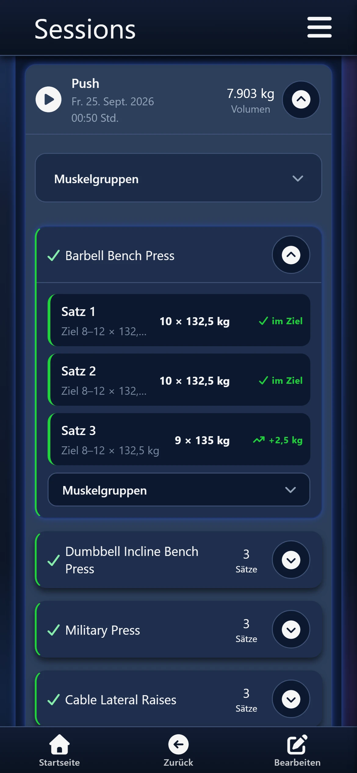 Session Push aufgeklappt: Barbell Bench Press mit Ziel und Ist je Satz